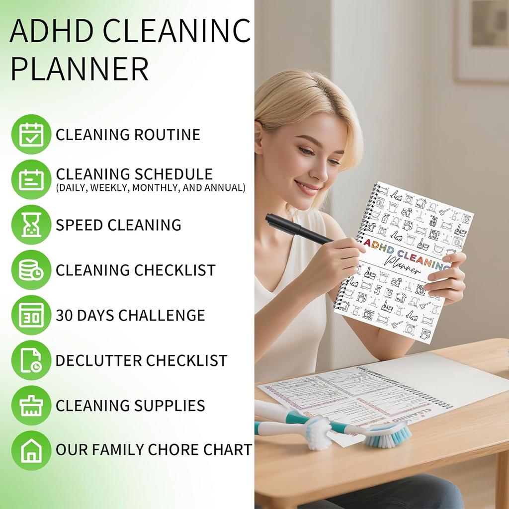 ADHD Cleaning and Organizing Planner with Pen - Daily Undated Cleaning Checklist for ADHD Brain | Tackle Mess & Relieve Overwhelm Family Cleaning
