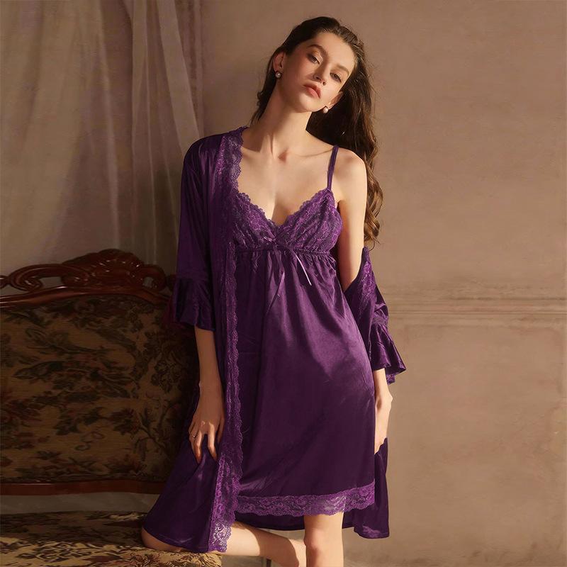 Sexy pajamas women's summer lace ice silk simulation silk suspender pure desire nightdress robe loungewear two-piece set