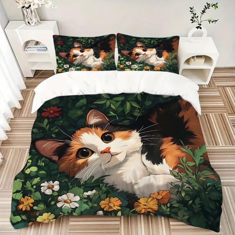 3pcs Orange Cat & Flower Theme Printed Quilt Set - Includes 1 Quilt Cover and 2 Pillowcases, Machine Washable - Suitable for All Seasons.N071