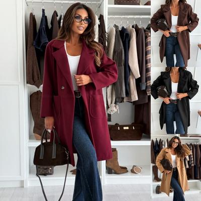 Damen Winter Einfarbiger Wollmischmantel mit langen Ärmeln und Taschen