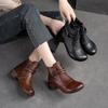 Johnature Retro Solid Color Short Boots Genuine Leather Round Toe Side Zipper Low Heel Casual Women's Shoes
