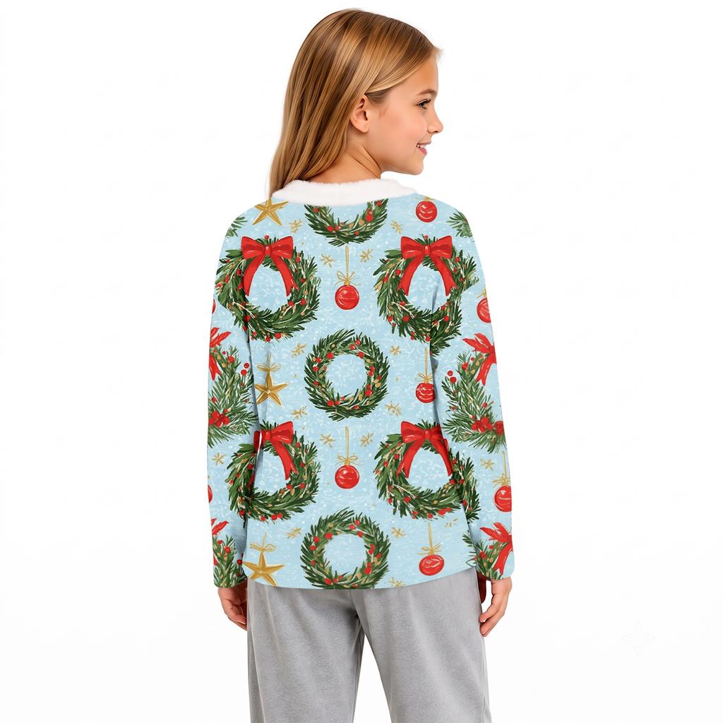 Girls' V-Neck Christmas Print Pullover Top for Winter Casual Wear