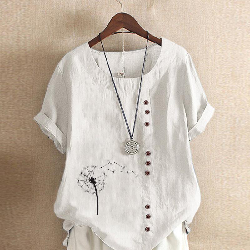 Women's Fashion Black Dandelion Prined Short Sleeve T-shirt Loose Cotton Shirt Casual Loose Summer Plus Size Blouse Tops