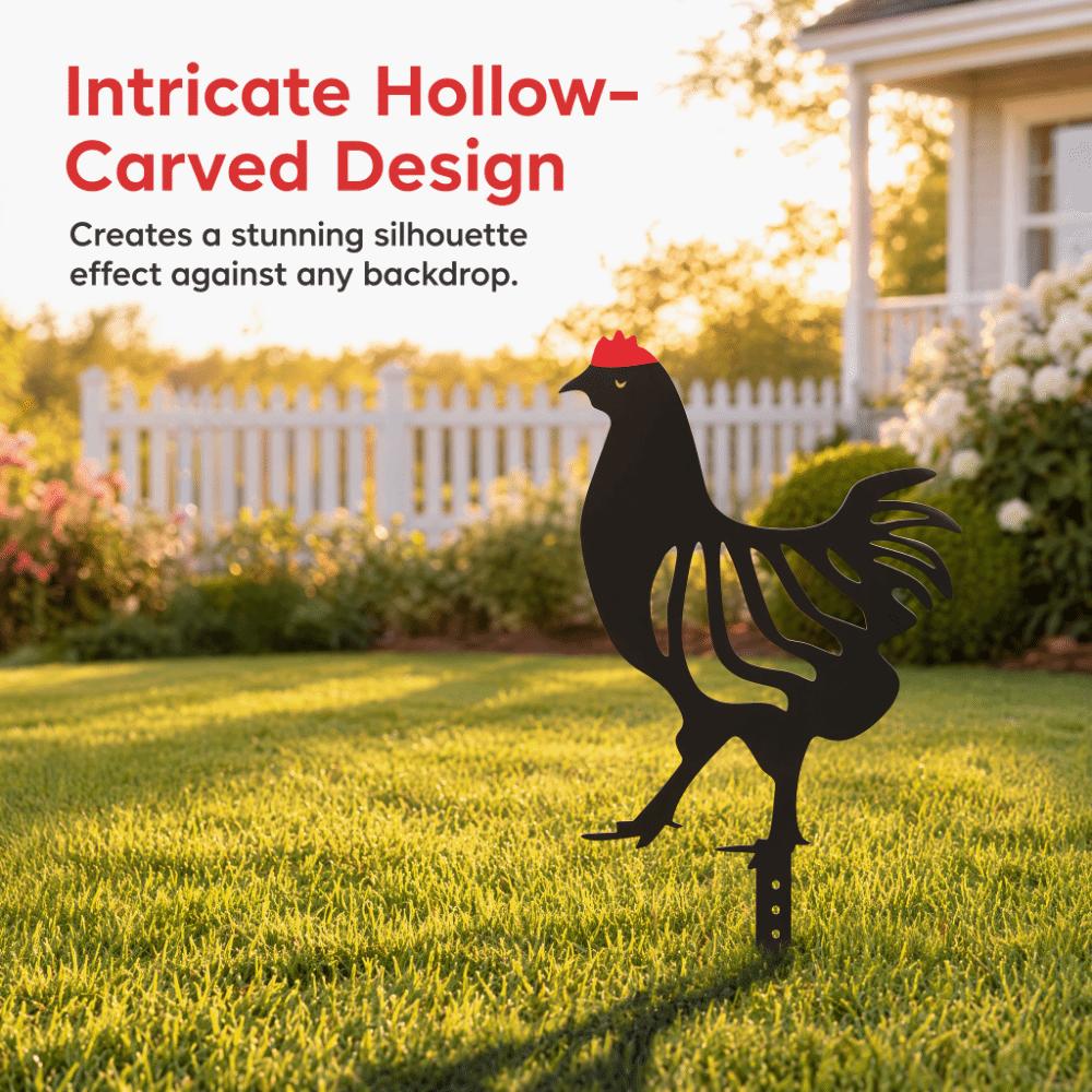Black Metal Rooster Hen Garden Stake Decor  Patio Border Ground Inserted Adornment