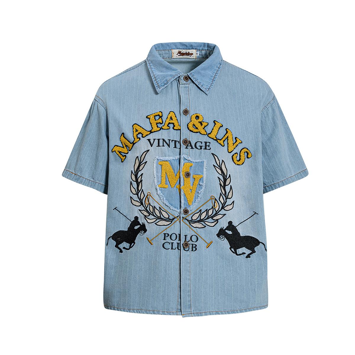 American retro trendy brand cloth embroidery design sense heavy industry washed denim shirt short sleeve school style loose shirt M