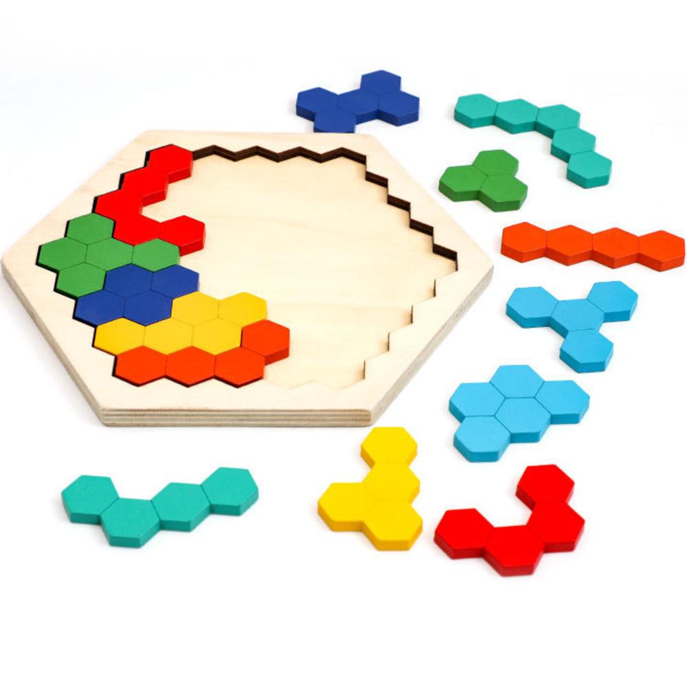Hexagonal Holz Puzzles IQ Spiel Pädagogisches Spielzeug Für Kinder Kinder Erwachsene Tangram Bord IQ Denkaufgabe Montessori Spielzeug Geschenke