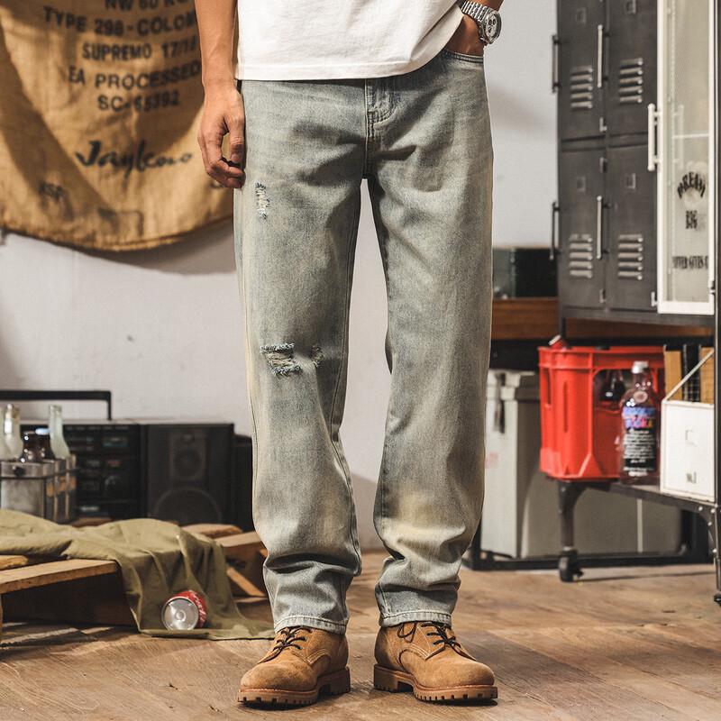 Jie Leinuo Men s American Loose Straight Washed Distressed Jeans 30