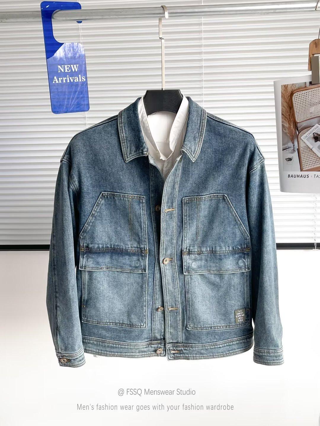 Double pleated design men s tooling wind-washed denim jacket jacket teen jacket men s spring and autumn M светло-синий