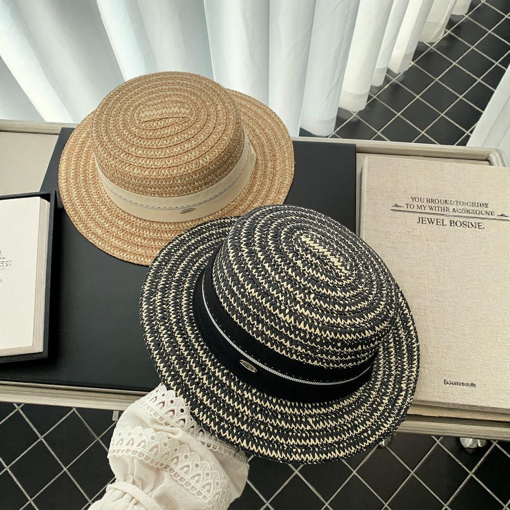 French retro flat top straw hat women's summer seaside beach vacation sun hat sunshade sun protection hat straw top hat