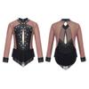 Girls Sparkly Rhinestones Leotard Color Block Sheer Mesh Patchwork Skirted Bodysuit Dance Figure Skating Gymnastics