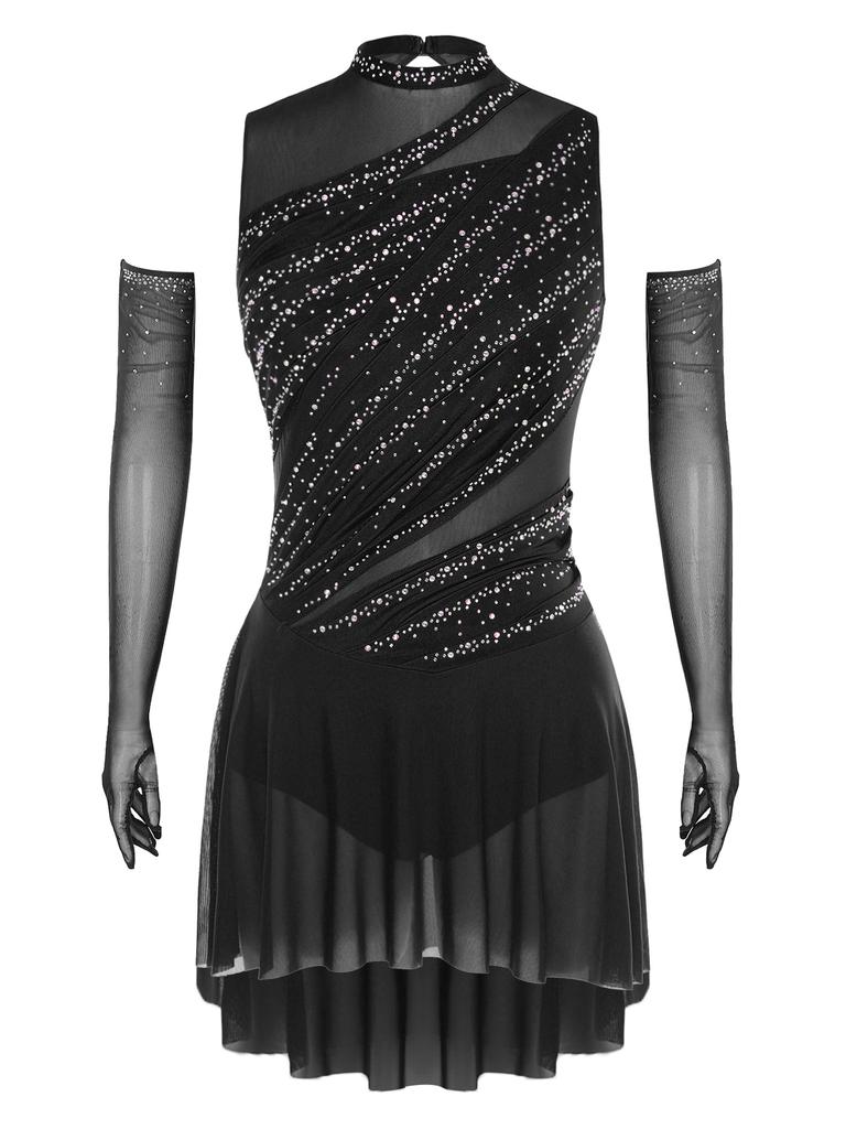 Girls Sleeveless Sparkly Rhinestones Backless Lyrical Dress Mesh Gloves Dancewear