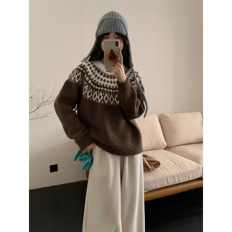 Vintage Versatile Fair Island Knitted Pullover Women's Autumn and Winter Soft Waxy Loose Lazy Christmas Knitted Sweater Top Women