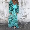 Women's Long Dress V-neck Long Sleeve Maxi Dress Loose Leopard Print Dress