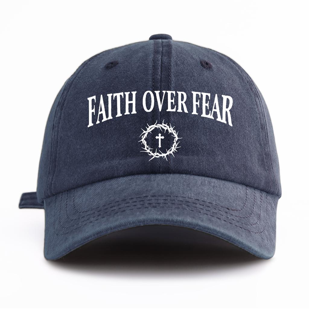 1pc FAITH OVER FEAR Print Washed Baseball Cap for Adults,Minimalist Retro Style Casual Soft Adjustable Dad Hat, Perfect As Gift