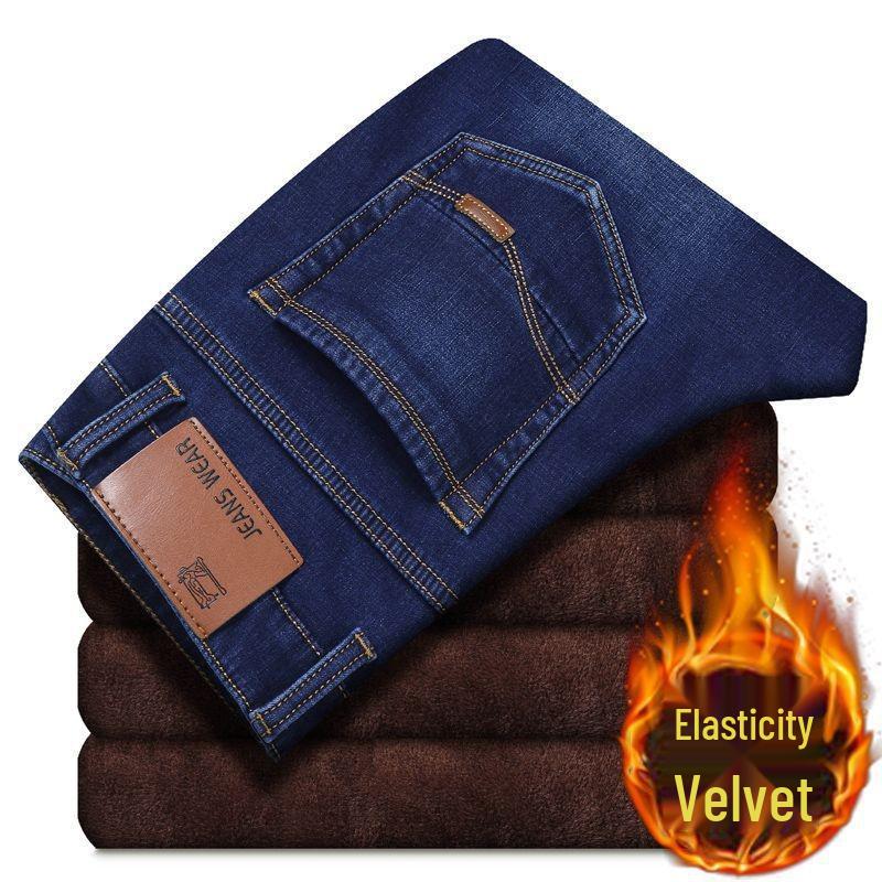 2025 Autumn Winter Men's Plus Velvet Thick Straight-Leg Jeans - Large Size, Loose Fit, Business Casual Youth Denim