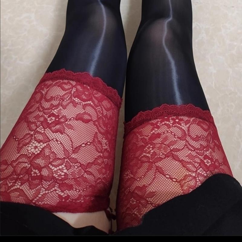 8D Horse Oil Shiny Wide Lace Patchwork Thigh High Stockings With Anti-slip Silicone Women Sexy Glossy Pole Dance Clubwear