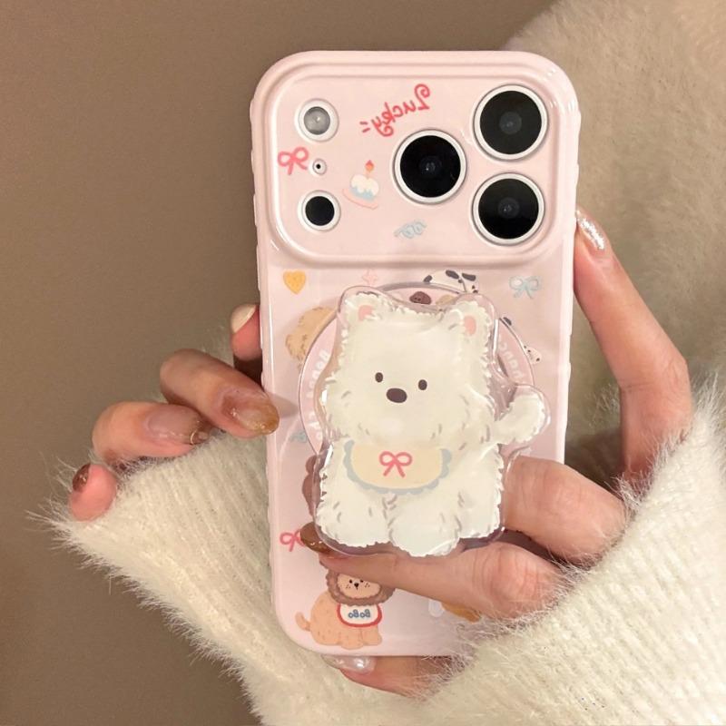 

Милый Магнитный Чехол-Подставка для iPhone 17 16 15 14 13 12 Pro Max 11 3D Мультяшный Щенок Милая Собака Мягкий ТПУ Чехол-Держатель для Телефона iPhone 14 Pro Max розовый