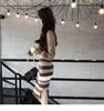 2025 Autumn/Winter Korean Retro Hyuna Two-Piece: V-Neck Sweater + Striped Skirt Dress