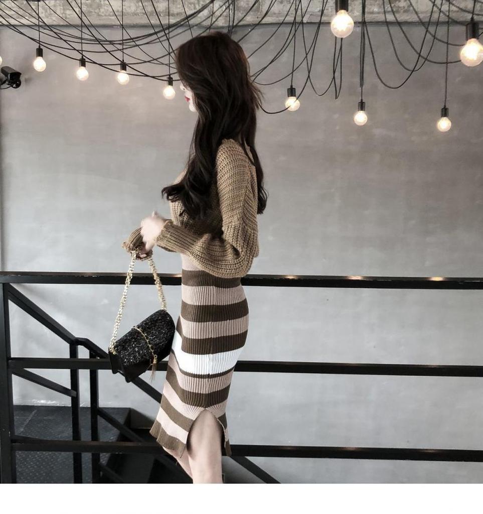 2025 Autumn/Winter Korean Retro Hyuna Two-Piece: V-Neck Sweater + Striped Skirt Dress