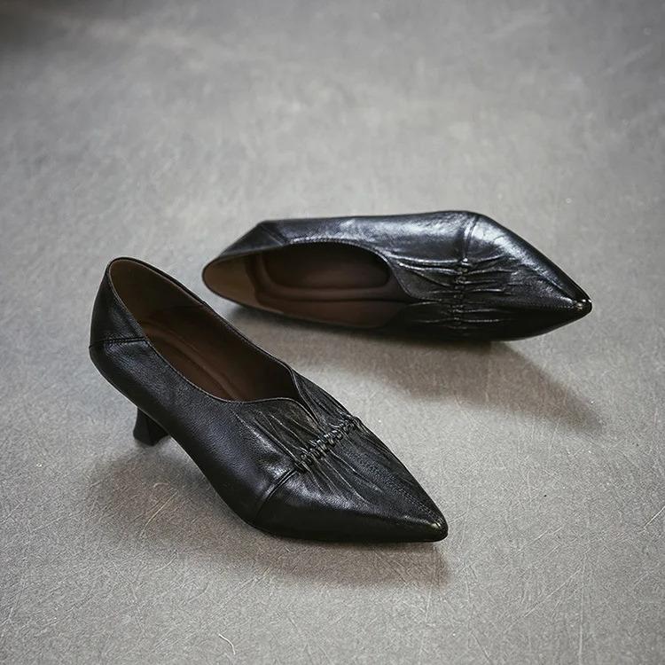 Johnature British Style Genuine Leather Pleated High Heels Elegance Commuting Versatile Women's Shoes