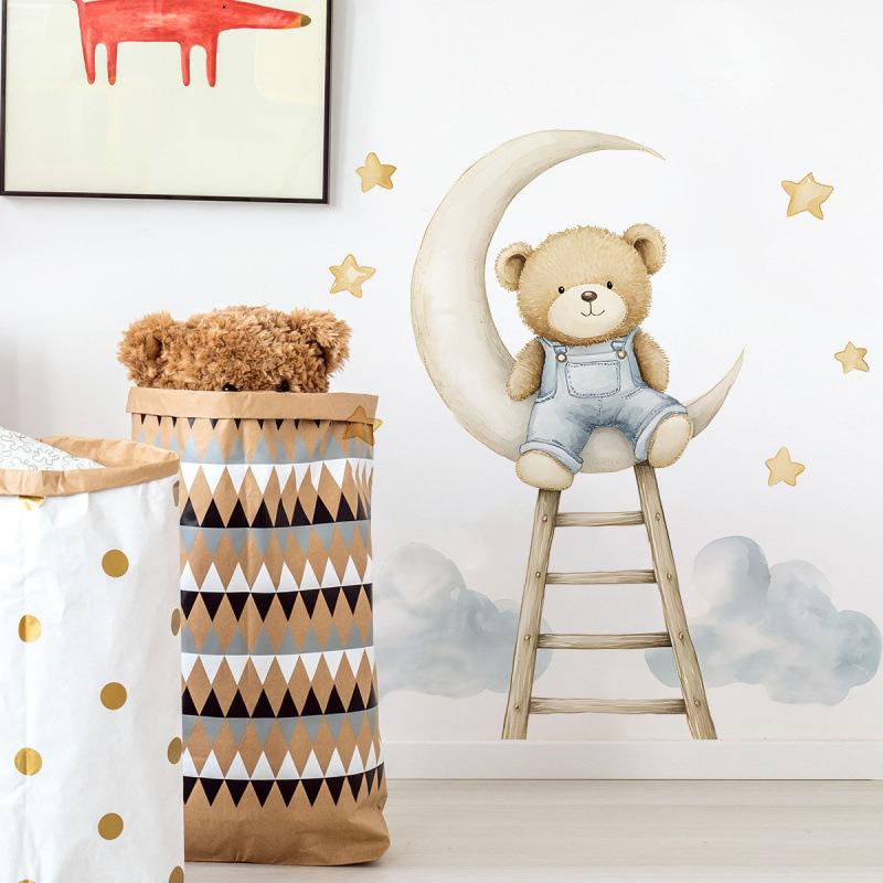 Cartoon Bear Cloud Moon Staircase Wall Sticker Self Adhesive Home Decor for Kids Room Wall Decoration