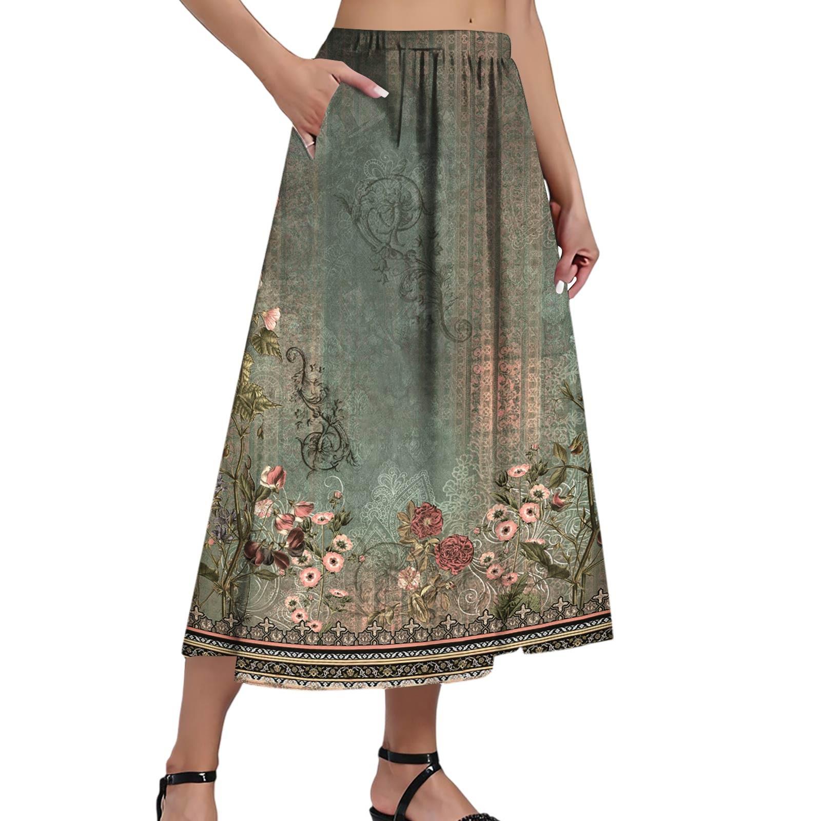 

Женская повседневная модная юбка с принтом, эластичная свободная плиссированная юбка до середины тела с карманами (С боковым карманом) XL армия зеленый