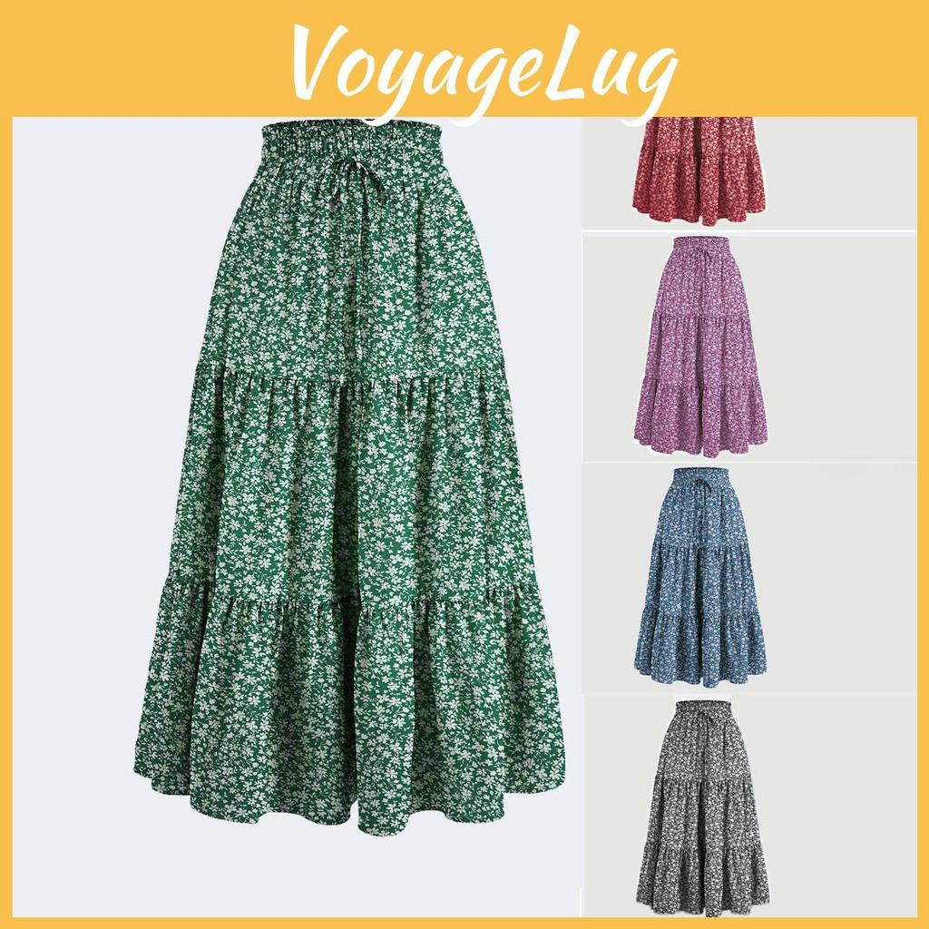 Print Boho Womens Vintage Floral Maxi Skirt Elastic High Waist Pleated Flowy A Line Long Skirts Toddler Fall Falda Short