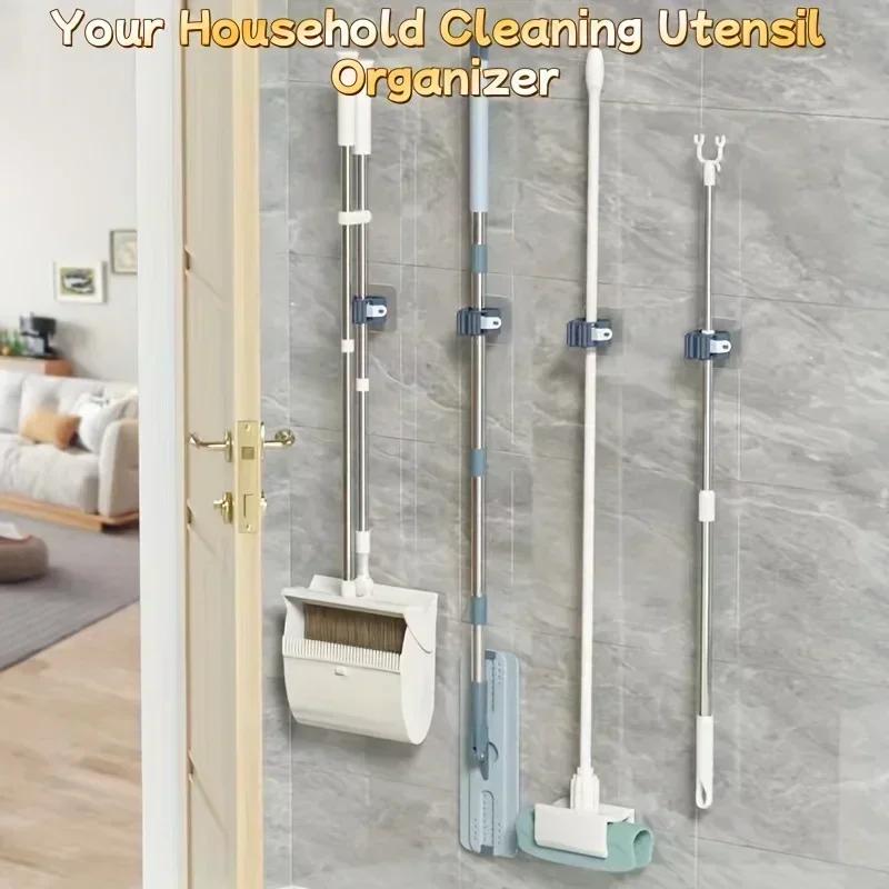 Mop Holder Storage Rack Bathroom Suction Hanging Pipe Traceless Mop Clip Broom Hanger Wall-Mounted Waterproof Rack White Amagi