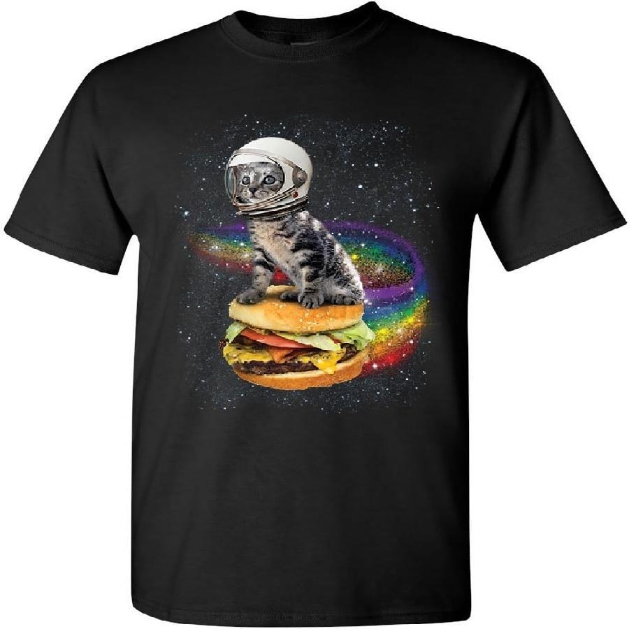 Футболка с кошкой, летящей на радужном бургере, смешной котенок-астронавт, космическая мужская футболка XXXXXL чёрный