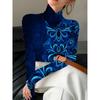 Women's Cheongsam Collar Long-sleeved T-shirt, Suitable for Women, with a Blue Geometric Layered Positioning Design