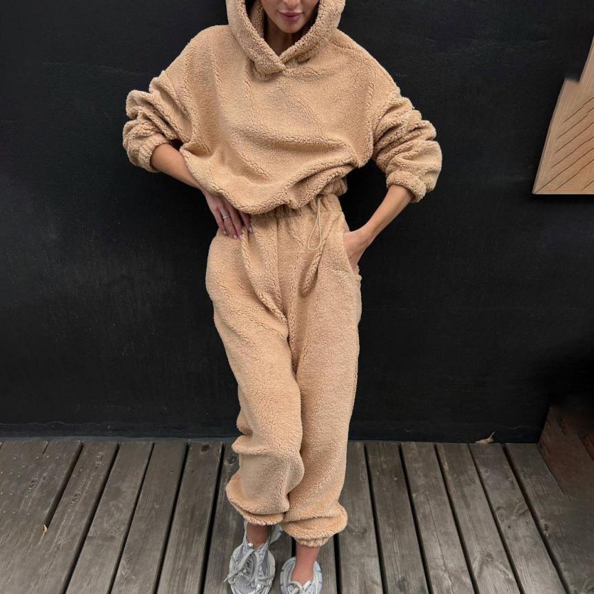 Women Solid Color Long Sleeve Hooded Hoodies Suit Autumn Winter Loose Top Wide Leg Pants