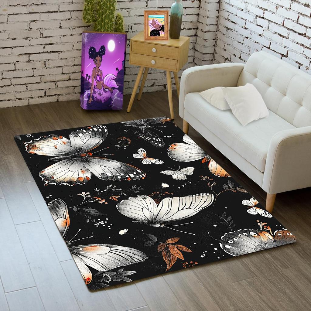 Butterfly Rug for Girls Bedroom - Floral Rugs for Living Room Dinning Room Butterfly Carpet Beautiful Flower Carpet Floor Mats