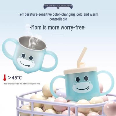 Temperature-Sensitive Children's Stainless Steel Sippy Cup with Straw and Anti-Drop Feature