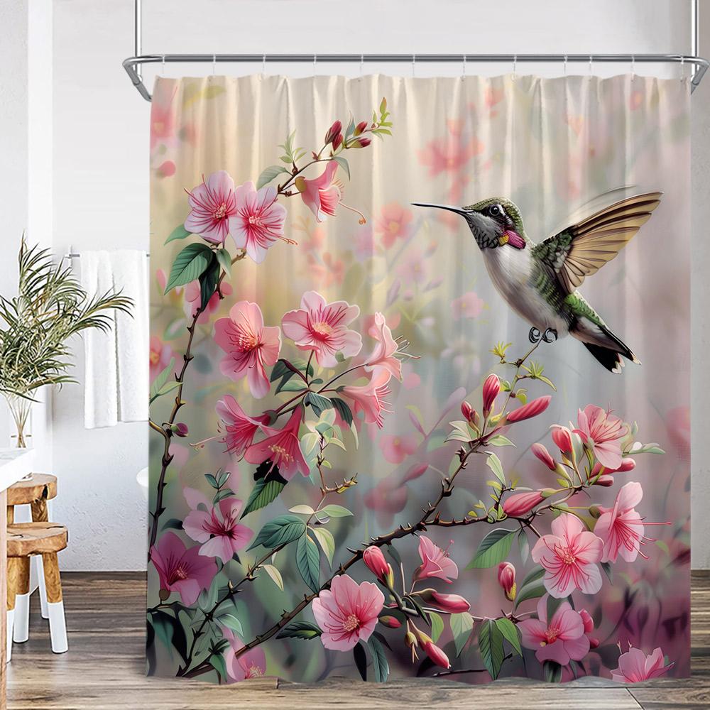 Hummingbird Shower Curtain Bird Animal Flower Floral Plant Classical Bathroom Decor Spring Polyester Bathtub Curtain With Hook