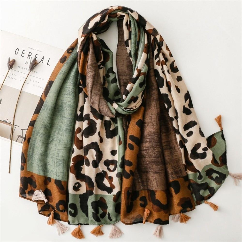 Color Block Leopard Print Scarf Tassel Neck Scarf Retro Shawl Women