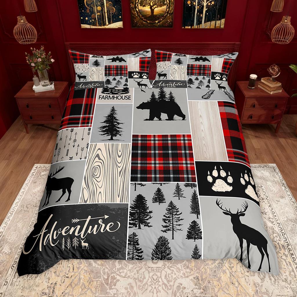 Homewish Rustic Farmhouse Plaid Duvet Cover Set Moose Bear Checkered Bedding Set Retro Cabin Lodge Comforter Cover Set