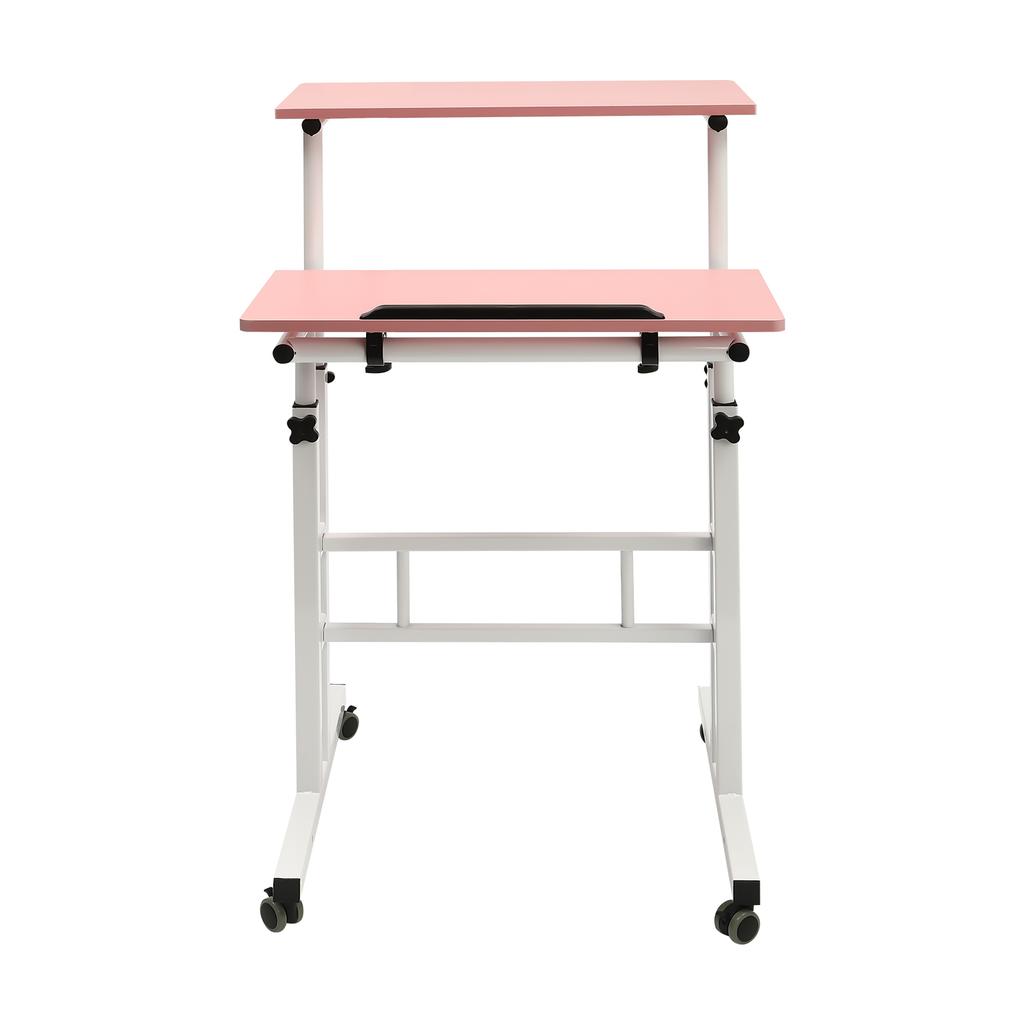 Mobile Stand up Desk, Small Adjustable Standing Desk with Wheels Home Office Workstation, Portable Rolling Desk Laptop Cart Pink