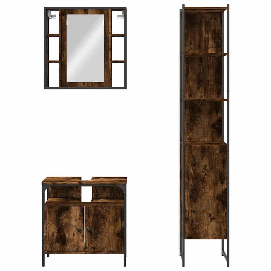 3 Piece Bathroom Furniture Set Smoked Oak Wood Based Material