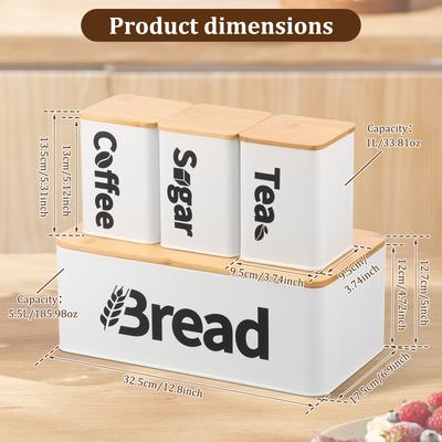 3/4Pcs Bread Bin Tea Coffee Sugar Canisters Set Iron Bread Box Tea Coffee Canisters with Bamboo Lids for Kitchen Bakery and Home