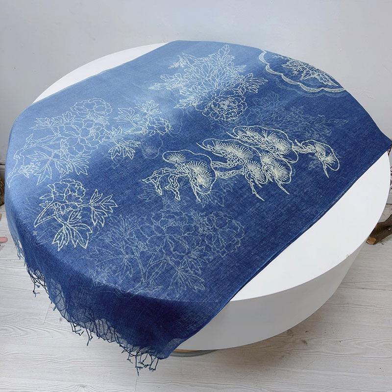 Autumn And Winter Gradient Blue Color Linen Soft Scarves Women Tie Dyed Ethnic Design Scarf Summer Travel Sunscreen Long Shawl
