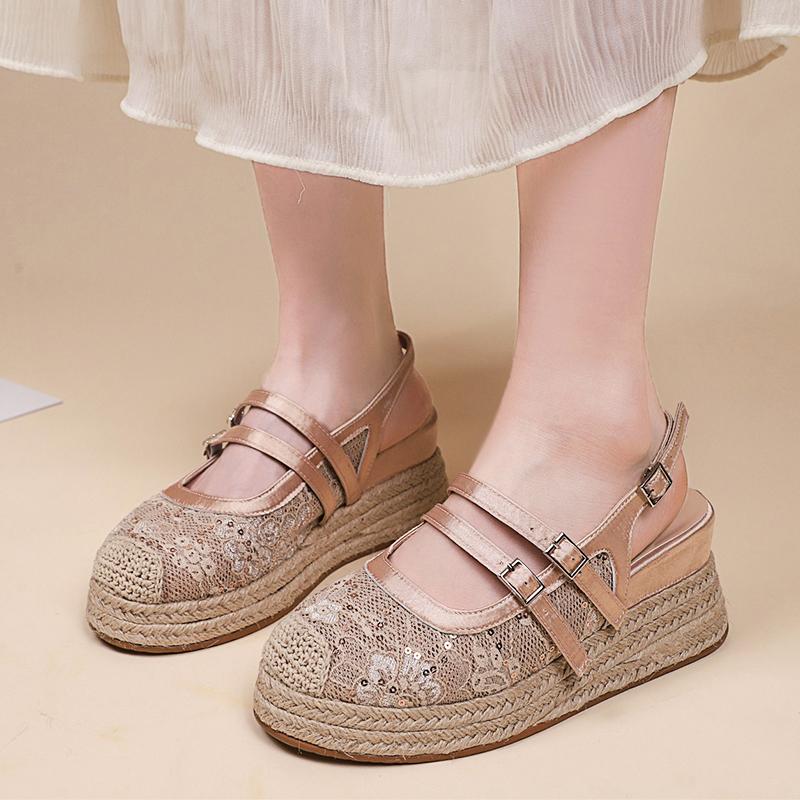 Fashion 2025 Shoes Female Closed Toe Women's Sandals Fashion Sequins Casual Summer New Belt Buckle Shallow Best Seller Wedge Sandals