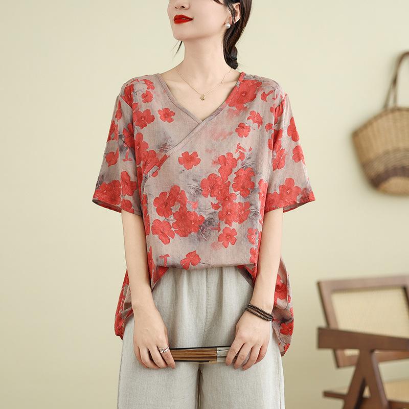Large Size Women's Summer Thin Loose and Versatile Casual New Chinese V-neck Five-point Sleeve Top for Women