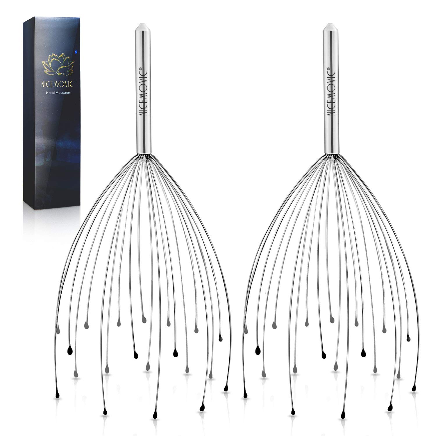 

NICEMOVIC Scalp Head Massager, 2-Pack with 20 Fingers, Scalp Head Scratcher for Hair Stimulation and Body Relaxation (Silver & Silver)