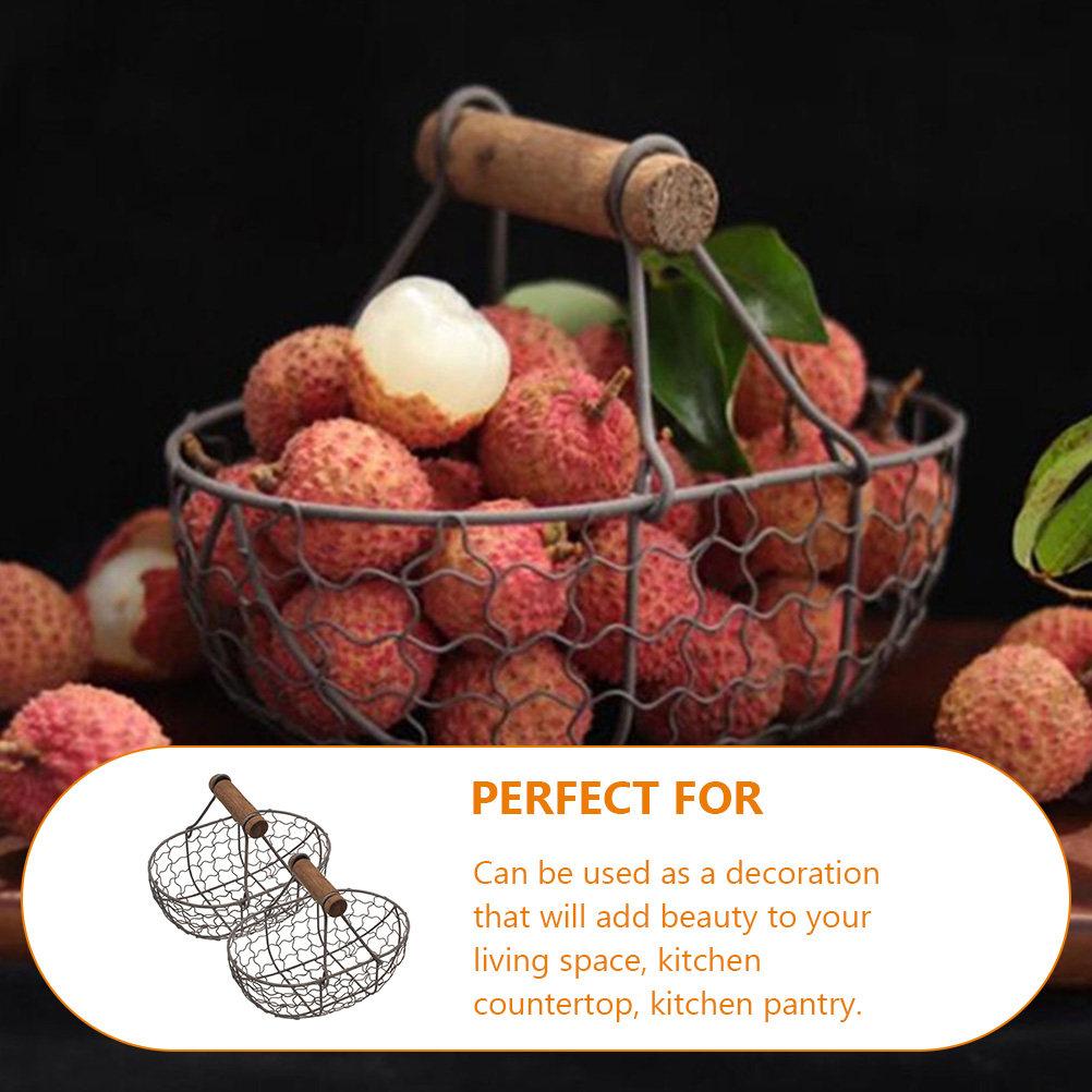 2Pcs Small Metal Basket for Kitchen Use Rustic Iron Wire Storage Basket with Handle Fruit Vegetable Organizer Bread Snack Holder