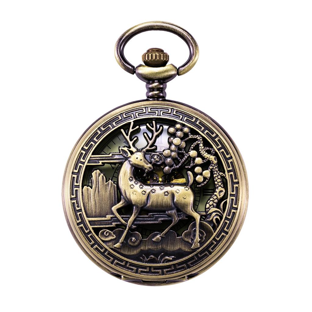 TREEWETO Mechanische Taschenuhr mit Hirsch-Design, Hohlgehäuse, Steampunk-Bronze, Römische Ziffern und Kette
