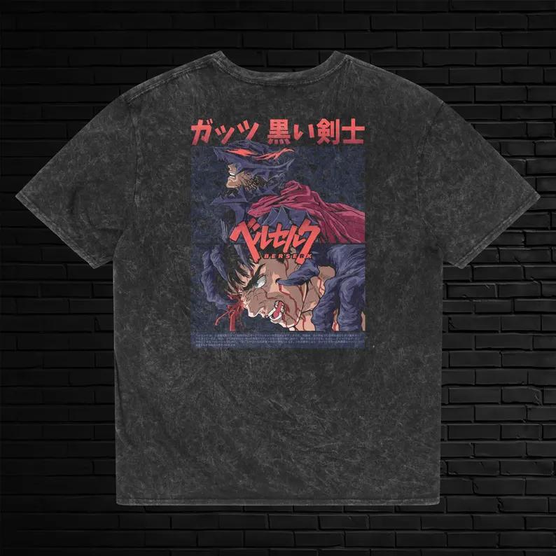 Anime Berserk Guts Cool Graphic T Shirt Men Women Washed Cotton Tshirts Casual Loose Clothing Harajuku Male Vintage T-shirt