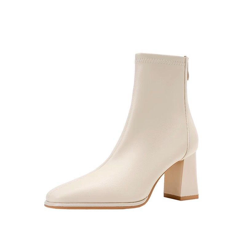 Daily versatile high-heeled short boots 2024 autumn and winter new white thin boots square heel French square Martin boots