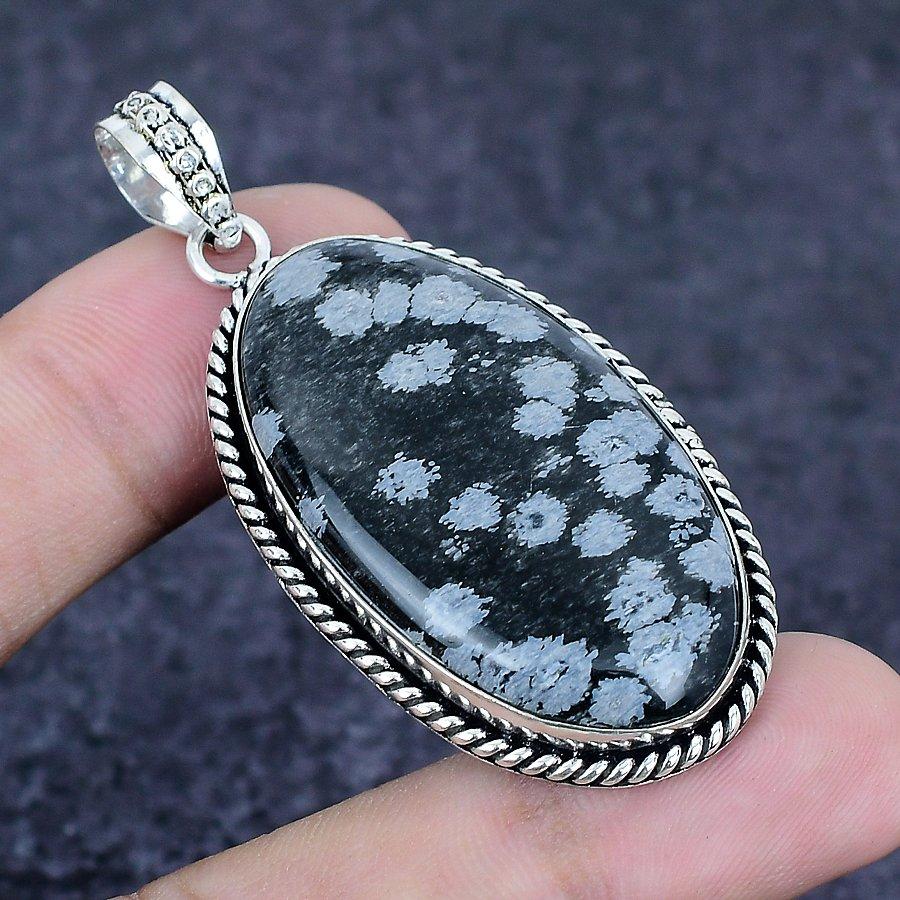 Natural Snowflake Obsidian 925 Sterling Silver Jewelry Pendant 2.25" z3E48