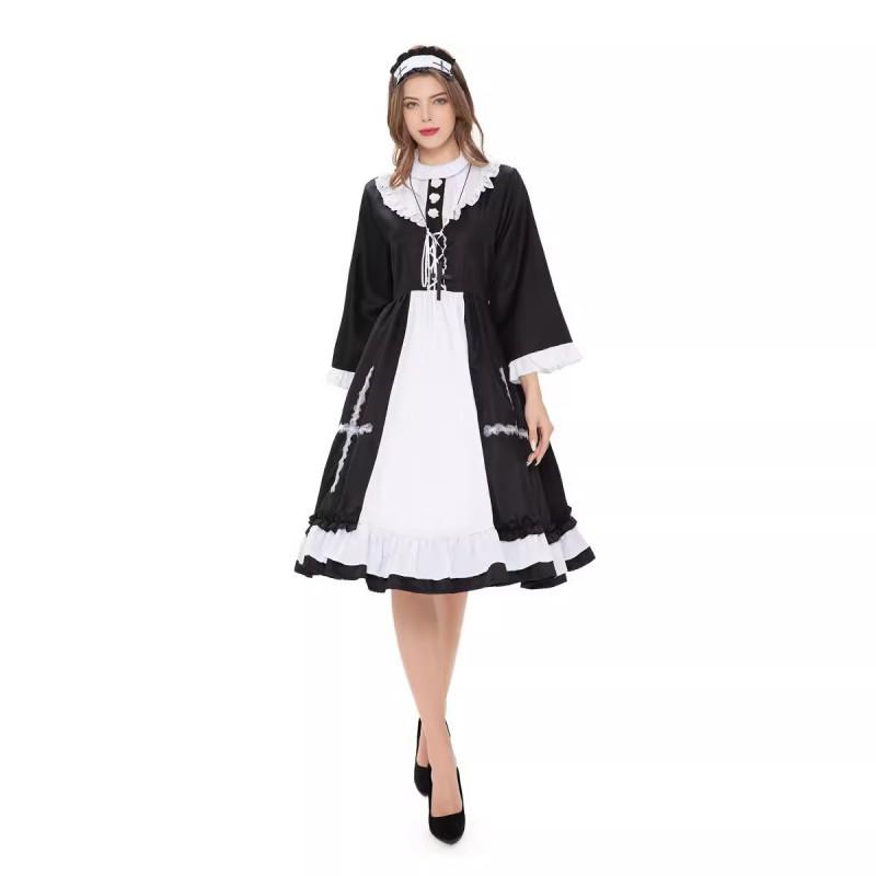 Anime Cosplay Maid Costume With Apron Headband Cross Necklace Sweet Japanese Style Stage Outfit Women
