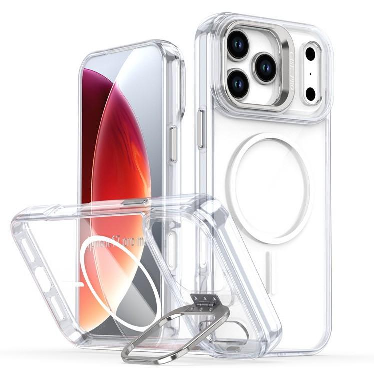 The new model is suitable for iPhone17Pro Max mobile phone case, Apple 16Pro bright color transparent magnetic bracket protective case.